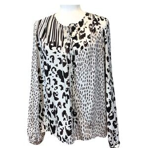 Cabi Mixed Animal Print Blouse M Brown Ivory Tie Neck Quiet Luxury Workwear Euro